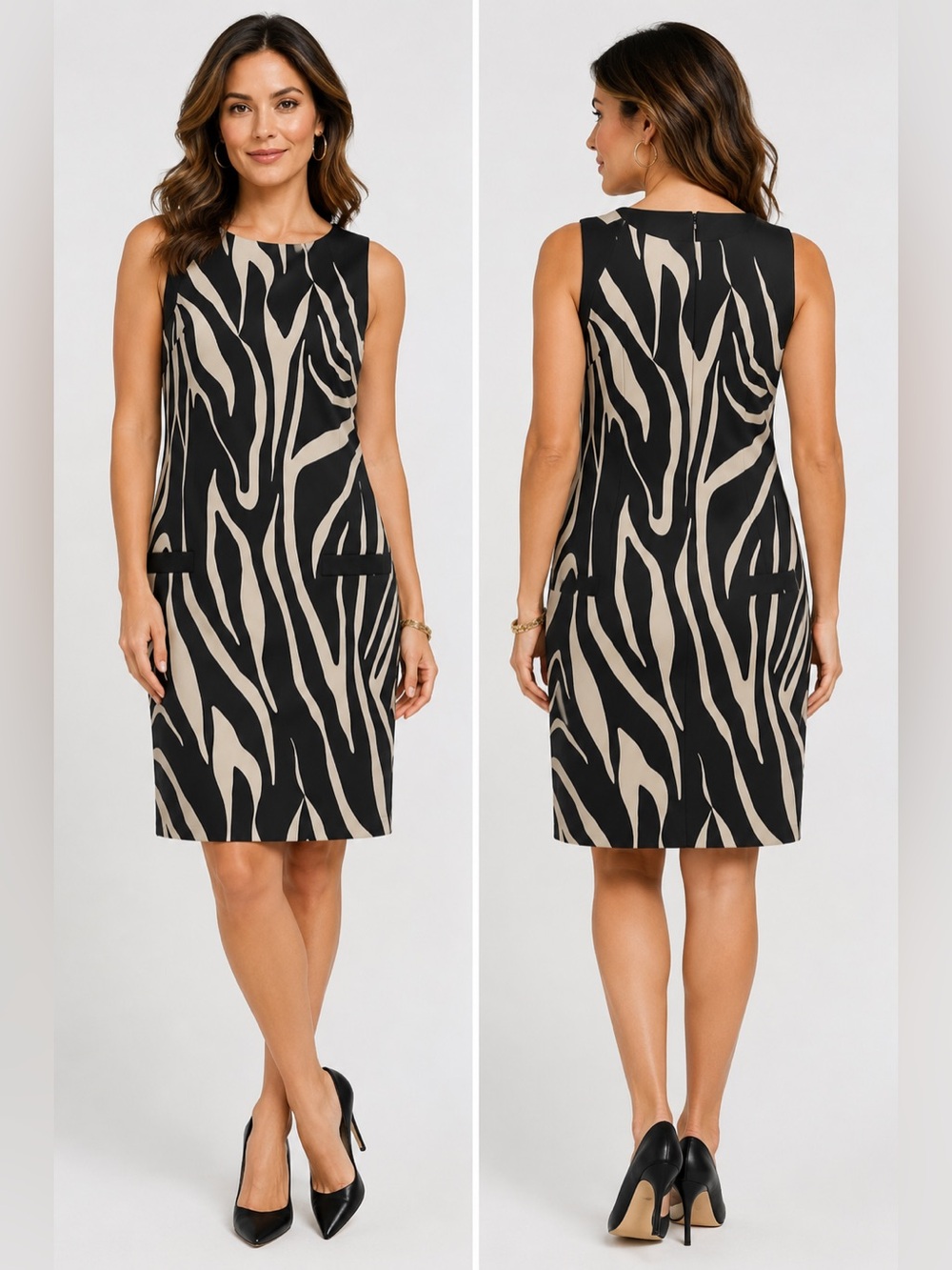 Creation by Alyx, zebra print sheath dress with faux pockets. Polyester spandex